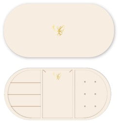 Compact cream-colored oval jewelry case with lid and three sections inside
