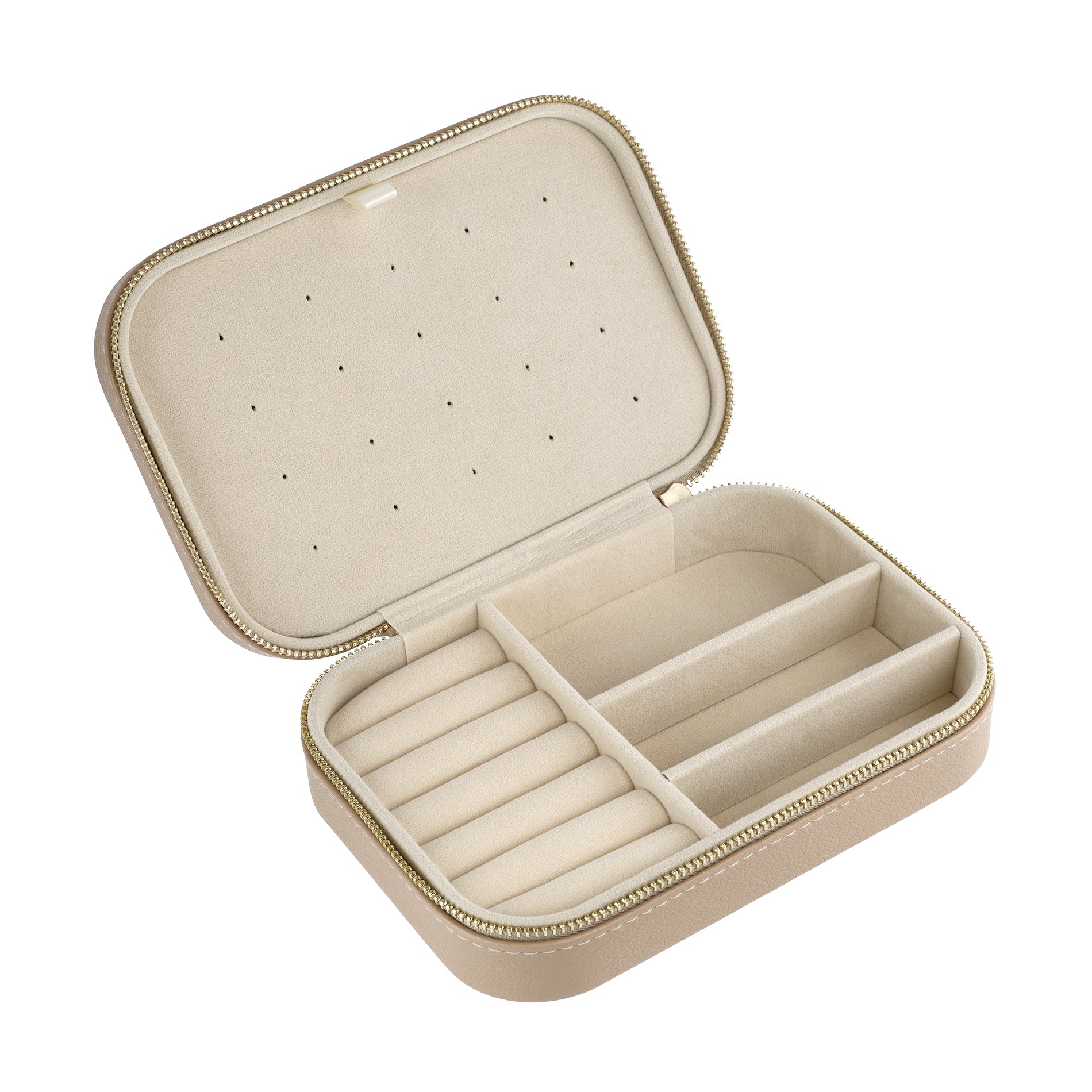 Spacious rectangular jewelry case for travel with compartments to keep necklaces, hoops, rings, and accessories organized