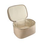 Pale rose vanity case opened fully with spacious compartment for larger jewelry storage