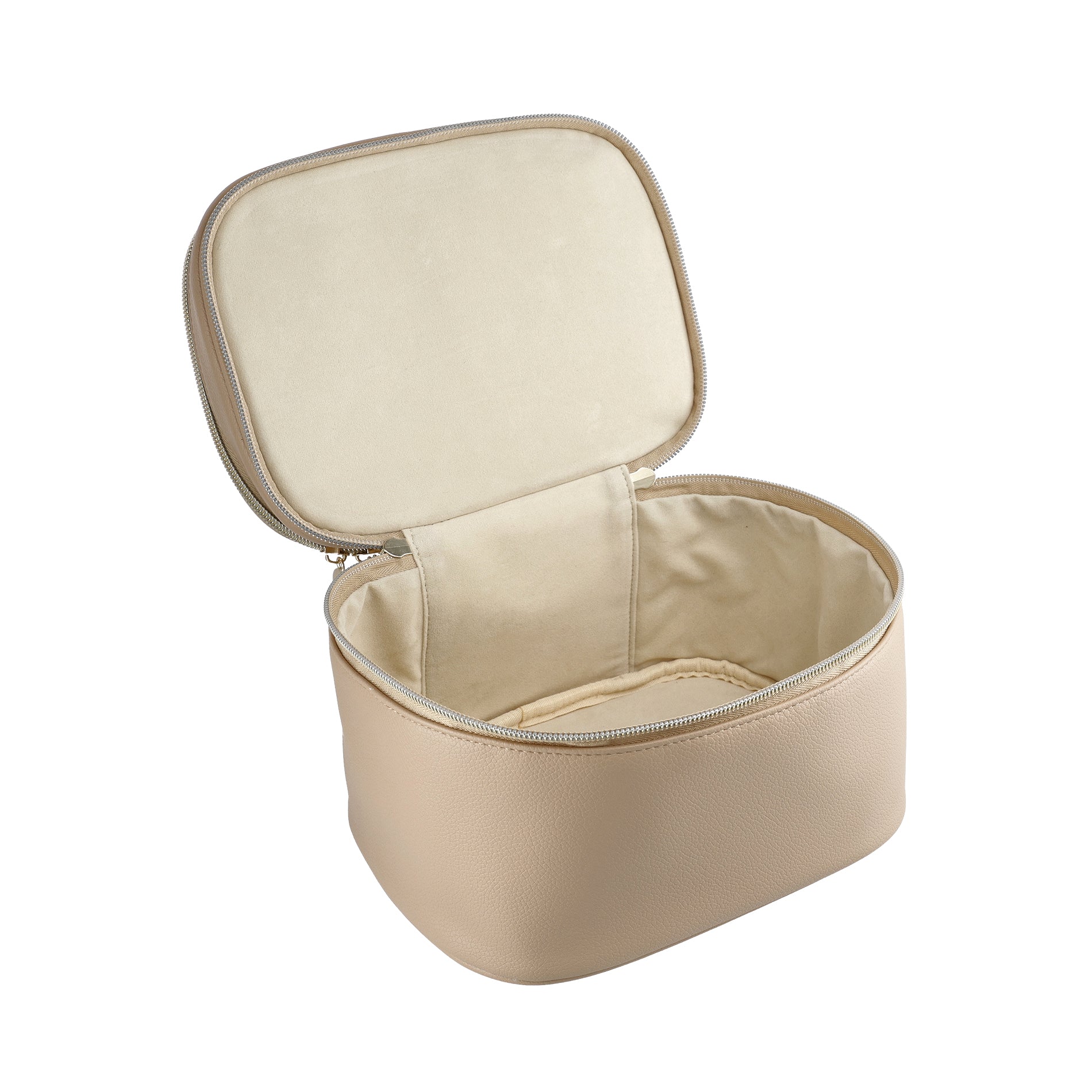 Pale rose vanity case opened fully with spacious compartment for larger jewelry storage