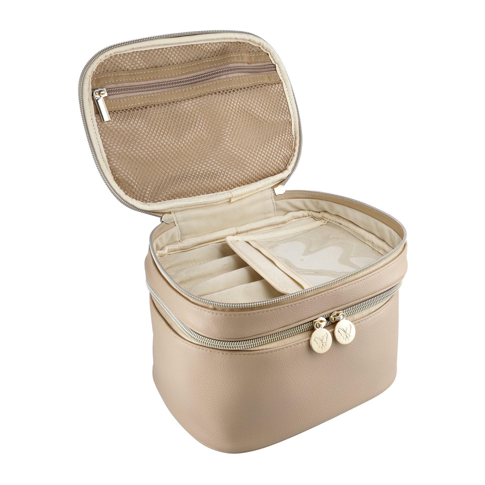 Pale rose vanity case open to show interior zipper pocket and jewelry storage section